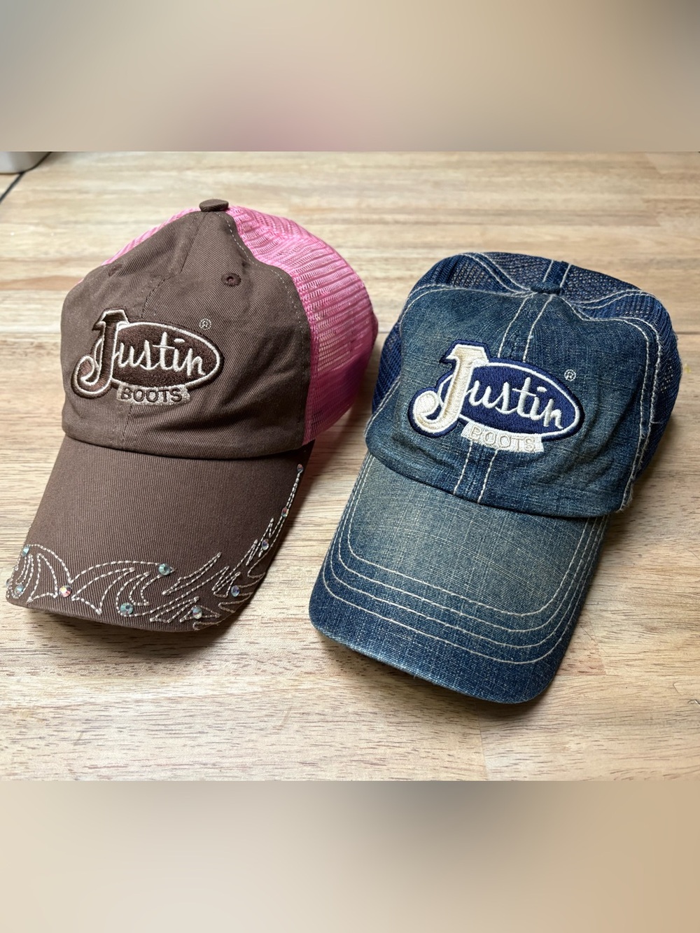 Justin Boots Brown & Pink Mesh Cap with Denim Blue Justin Boots hat bundle